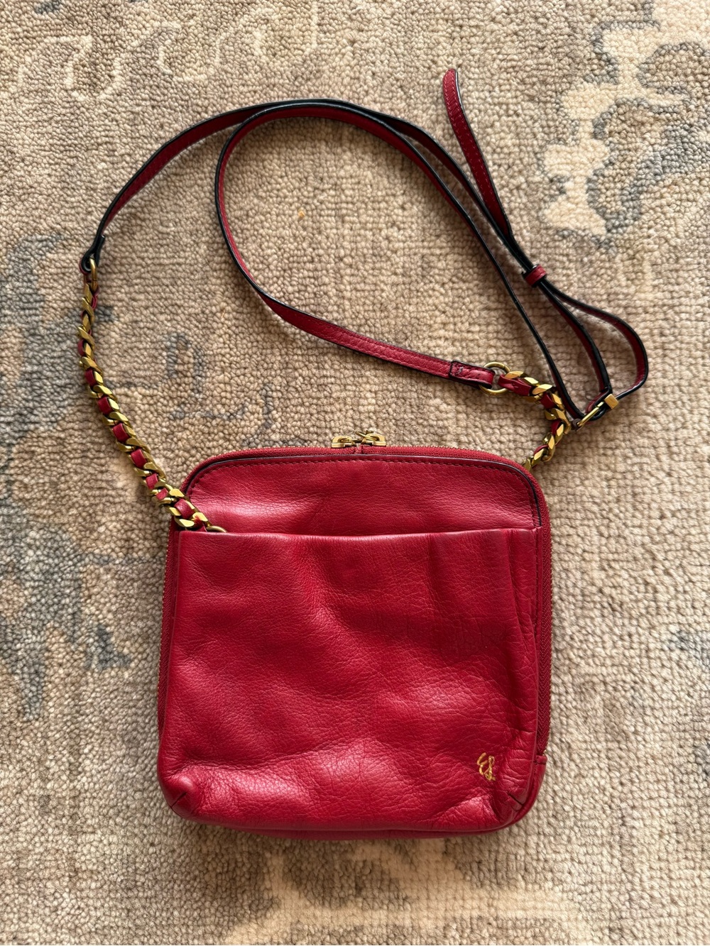 Elliott Lucca Red Leather Chain-Trim Crossbody